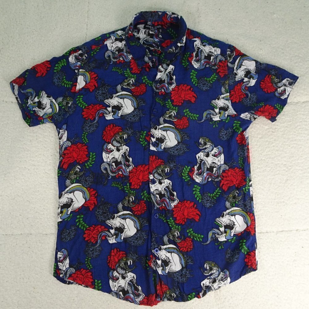 Brave Soul Blue Skull/Snake & Carnation Shirt Med